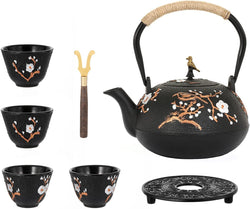 Dyna-Living Cast Iron Teapot with Warmer 720ml/24.5oz Japanese Teapot with Infuser Cast Iron Tea Pot Set with 2 Tea Cups Japanese Style Teapot for Stovetop Cast Iron Tea Kettle for Home Use