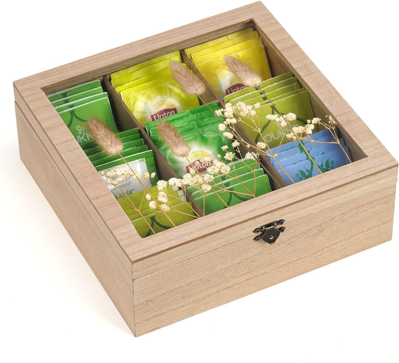 WPKLTMZ Wooden Tea Box, Tea Bag Organizer Tea Storage with 8 Compartments, Rustic Tea Bag Holder with 3 Drawers for Tea Bags, Packets, Coffee, Sugar, Sweeteners, Creamers