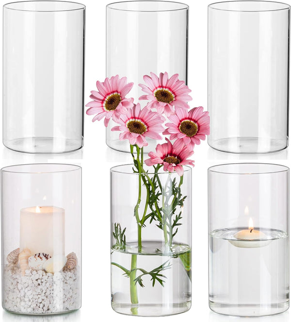 Hewory Glass Cylinder Vases Set of 6, Hurricane Candle Holders for Pillar or Floating Candles, Tall Clear Vase for Centerpieces, Round Vases for Wedding Anniversary Events Home Table Decor, 5.9in