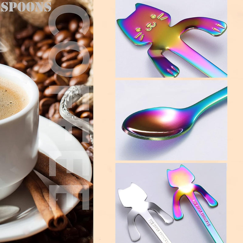 Cat Spoon Coffee Teaspoon, PBIEHSR Stainless Steel Hanging Cup Tea Spoon Two Different Lengths Dessert Scoop for Stirring Drink Mixing Milkshake Jam, Set of 6 (Multicolor)