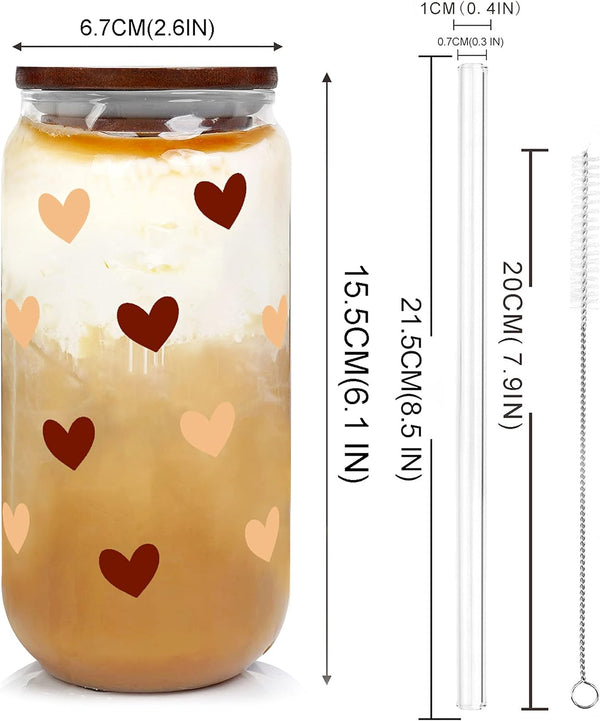 Iced Coffee Cups, 20 OZ Hearts Cup Glass Cups, Love Can Couple Drinking Glasses, Glass Cup with Bamboo Lids and Straw, Brown Heart Glass Cup - 2 Sets