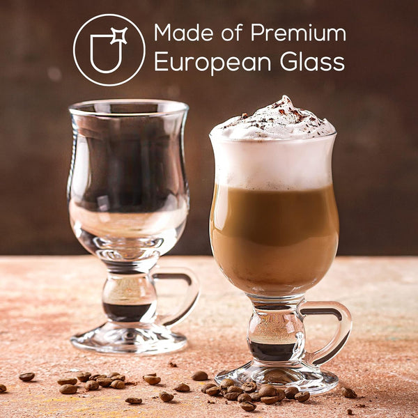 Crystalia Glass Coffee Mugs, Clear Footed Irish Coffee Cup Set, Tall Large Hot Toddy Glass for Hot Beverages, Iced Coffee, Latte, Hot Chocolate, Set of 2, 9 oz