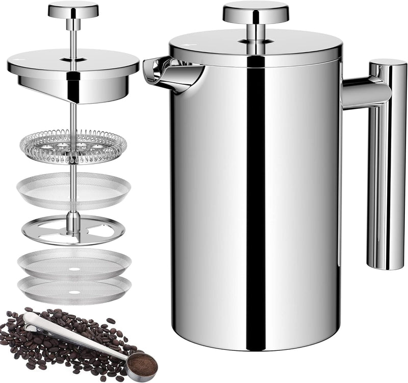 Meelio Small French Press Coffee Maker, Double-Wall Insulated French Press Coffee Press Stainless Steel, Included 2 Extra Fliters and 1 Coffee Spoon (350ML, 12 OZ)