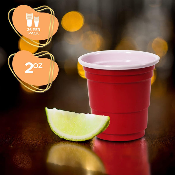 WHISC Disposable Shot Glasses [Pack of 36] - 2oz Red Plastic Shot Cups- Jello Shot Cups/Party Shot Glasses For Birthdays, Graduations, Bachelorette, BBQs & More- Mini Tasting Cups/Sample Cups