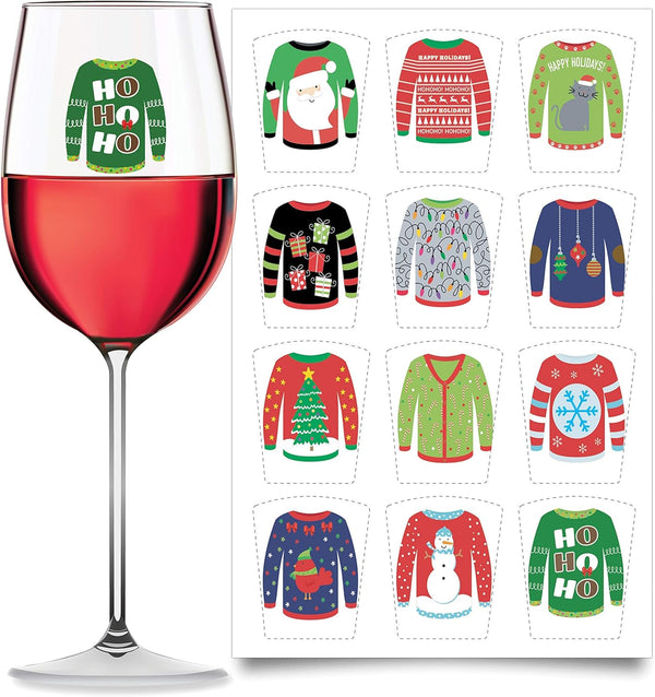 Drink Markers 12pc - Holiday Reuseable Static Cling Sticker Decals (Ugly Sweater)
