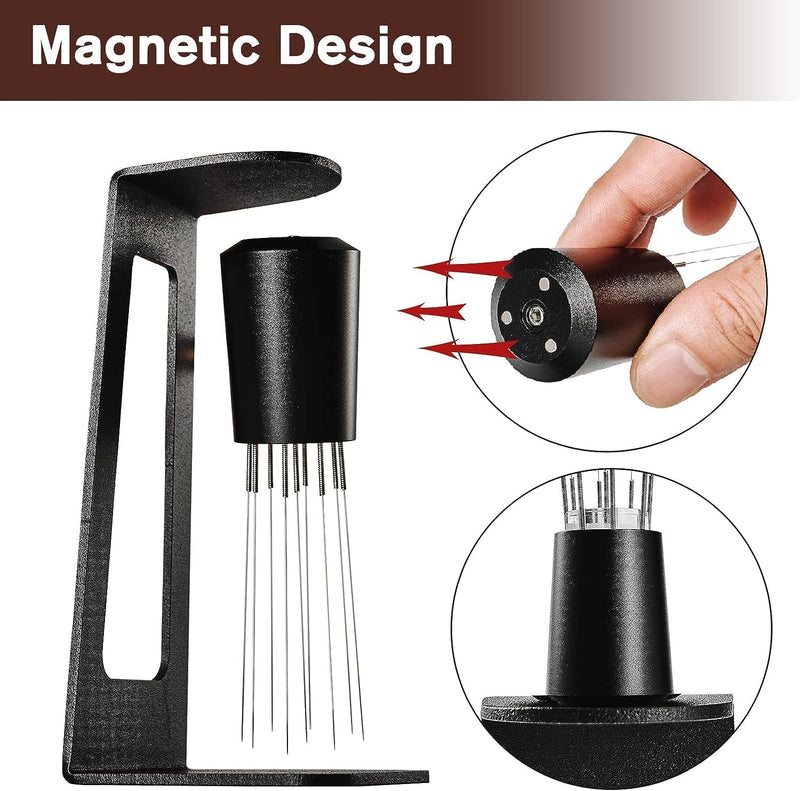 Tool Espresso,Magnetic Coffee Stirrer 0.4mm 9 Prong Espresso Distribution Tool with 16 Extra Needles for Espresso Stirrer Coffee Stirring Tool with Stand for Barista Espresso Accessories (black)