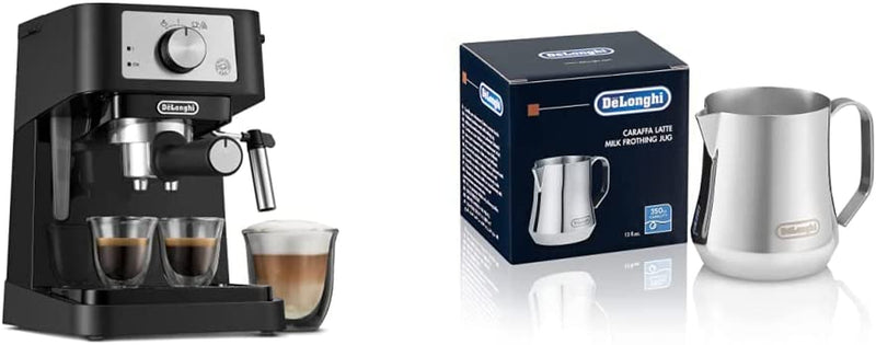 De'Longhi Stilosa Manual Espresso Machine, 13.5 x 8.07 x 11.22 inches & Stainless Steel Milk Frothing Pitcher, 12 ounce (350 ml), 12 oz & Double Walled Thermo Espresso Glasses, Set of 2