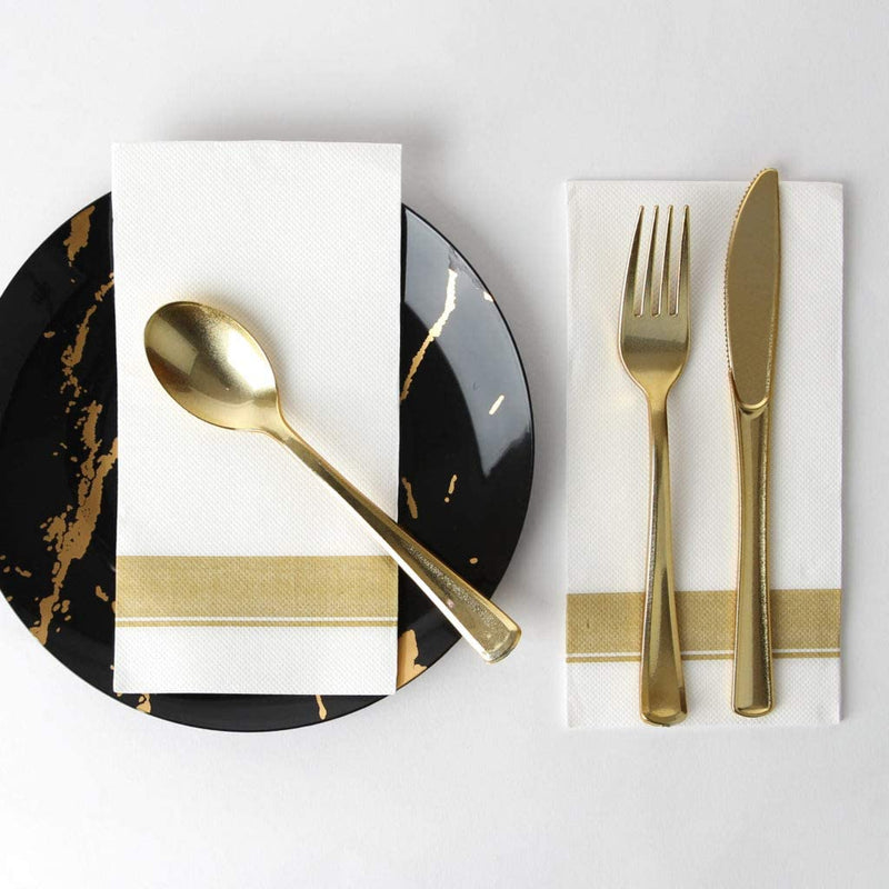 Cloth-Like Dinner Paper Napkins - Pack of 50 - Elegant & Premium White W/Gold Border, Perfect for Entertaining and Special Occasions