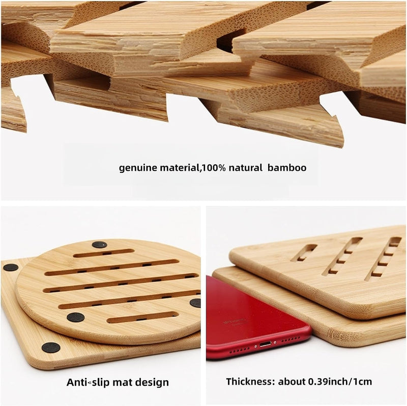 Alfto Hot Pads Trivet,Table Solid Bamboo Wood Trivets for Hot Dishes and Pot with Non-Slip Pads Heat Resistant Pads Teapot Trivet 4pcs(Multi Size,2 Square 2 Round)