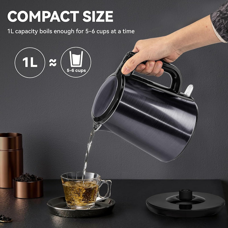 Pukomc Electric Kettle - 1.0L Hot Water Boiler - Stainless Double Wall Tea Kettle, Auto Shut-Off and Boil-Dry Protection, 1000W