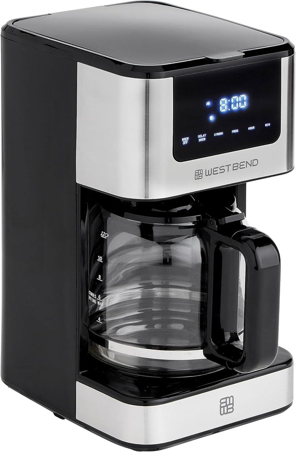 West Bend Drip Coffee Maker Brews Hot or Iced, Programmable with Brew Strength Selector Auto Shut-Off and 6 Functions Permanent Mesh Filter and Glass Carafe, 12-Cup, Metallic,Silver