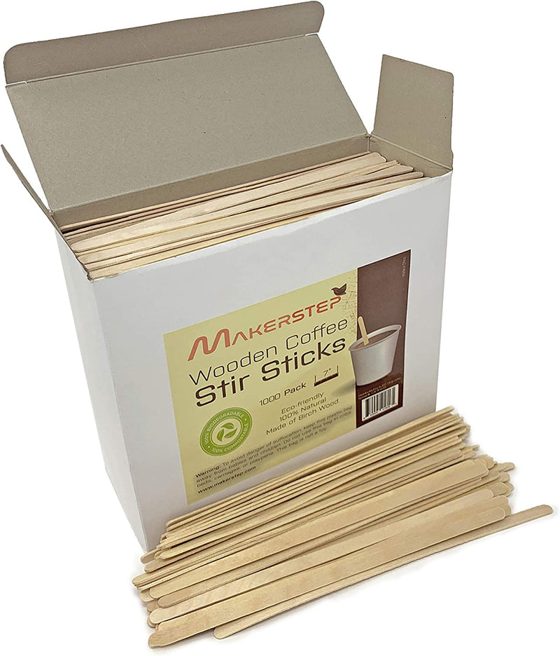 Makerstep 1000 Birch Wood Coffee Stirrers, 7 Inch Coffee Stir Sticks, Eco-friendly, Sturdy Wooden Sticks. Splinter Free, Round End. For Tea, Beverage, and Popsicle.