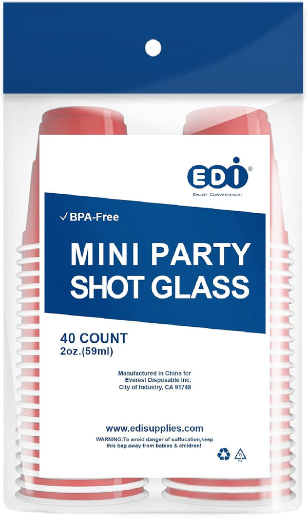 EDI Disposable Red Plastic Mini Party Shot Glasses 2 oz, 40-Piece