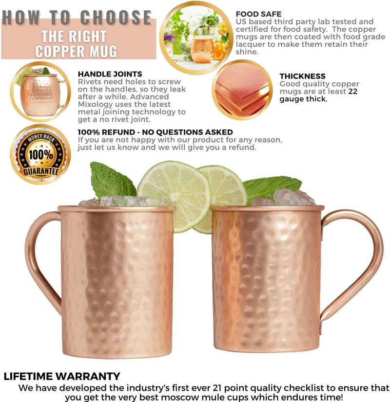 Advanced Mixology [Gift Set] Moscow Mule Mugs Set of 2 (16oz) | 100% Copper Mugs Set w/ 2 Straws, 2 Wooden Coasters & 1 Shot Glass | Tarnish-Resistant Food Grade Lacquer Coat