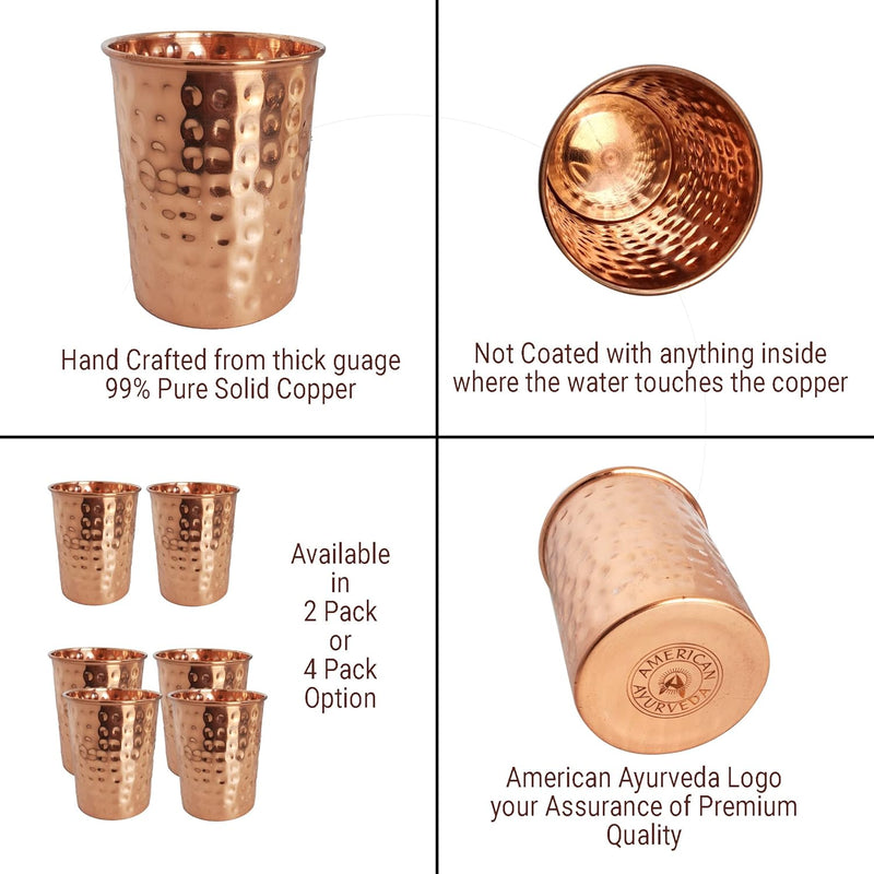 A American Ayurveda Hand Crafted Premium Quality Unlined 99% Pure Copper Cups Glasses Moscow Mule Tumbler Minimalist Design (2 pack, 99% Pure Copper Hammered Finish)