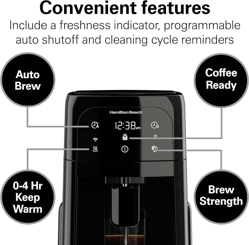 Hamilton Beach One Press Programmable Dispensing Drip Coffee Maker with 12 Cup Internal Brew Pot, Removable Water Reservoir, Black Next Gen (47600)