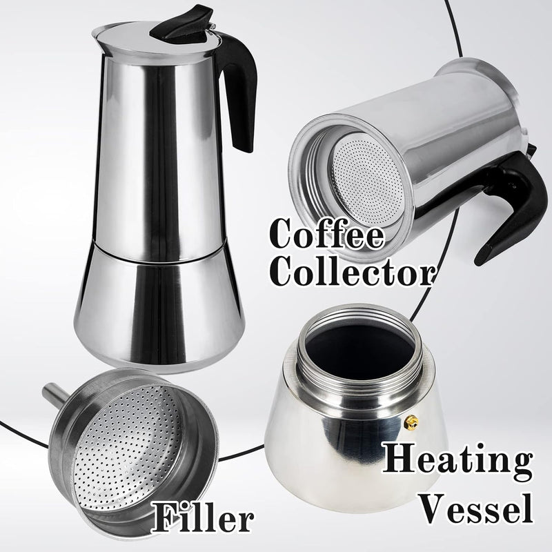 Stainless Steel Stovetop Moka Pot Espresso Maker Percolator 12 Cup 600ml Portable Italian Greca Cuban Coffee Maker for Big Family Home Office Camping, Work with Gas Electric Ceramic Stovetop