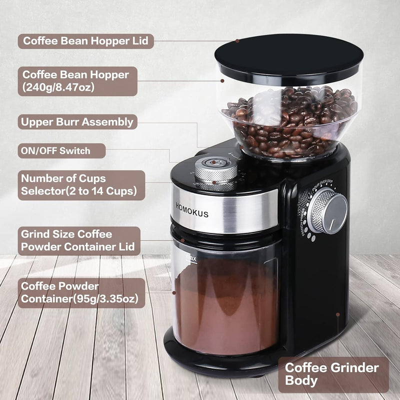 HOMOKUS Electric Burr Coffee Grinder - Adjustable Burr Mill Coffee Bean Grinder with 18 Grind Settings - Coffee Grinder 2.0 for Espresso Drip Coffee and French Press - 2-14 Cup Capacity