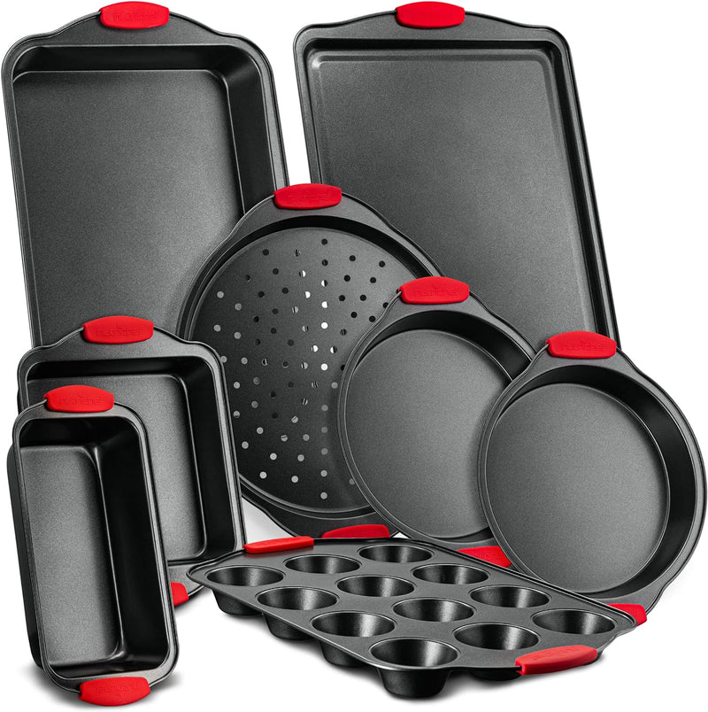 NutriChef Non-Stick Kitchen Oven Baking Pans-Deluxe & Stylish Nonstick Gray Coating Inside Outside, Commercial Grade Restaurant Quality Metal Bakeware with Red Silicone Handles NCSBS3S, 3 Piece Set