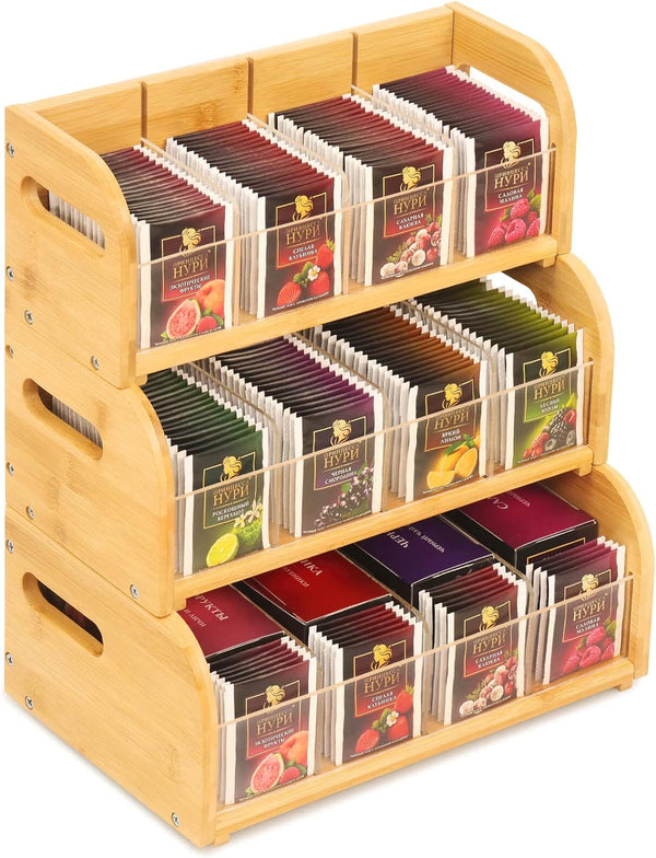 SPOPSOOD Bamboo Tea Bag Organizer, 3-Tier Tea Bag Holder Storage Organizer, Stackable Tea Packet Rack/Shelf, Tea Station Stand with Acrylic Partition for Counter, Cabinet and Pantry