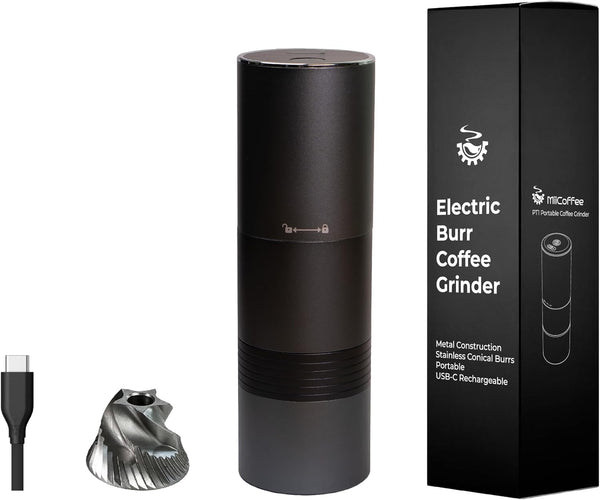 MiiCoffee PT1 Portable Electric Burr Coffee Grinder, USB-C Rechargeable Stainless Conical Burr Grinder, Aluminum Body with Cleaning Brush Included