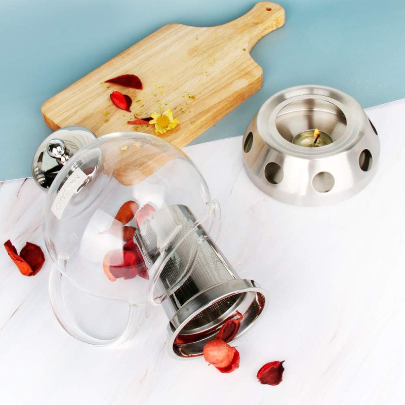 MIOCARO Glass Tea Pot Warmer Set 1000ml Kettle Stovetop Teapot Stainless Steel Strainer Infuser Blooming Loose Leaf Tea Bags & Fruit