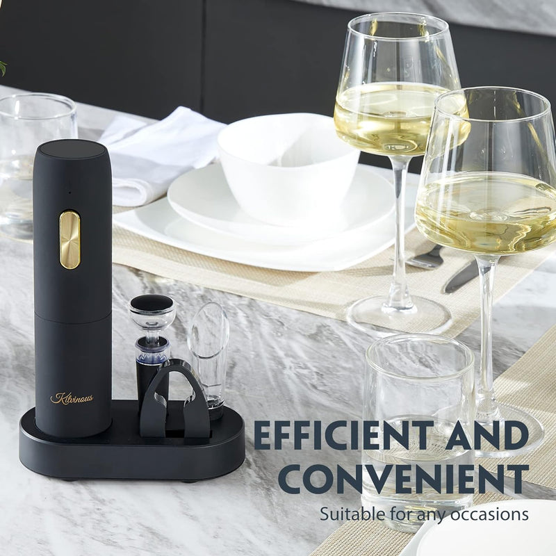 KITVINOUS Electric Wine Opener Set with Charging Base, Reusable Automatic Wine Bottle Opener with Led Light, Portable Corkscrew with Pour & Preserver Vacuum Stopper, Foil Cutter, Black