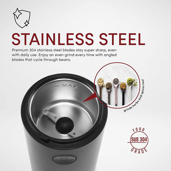 Aroma Housewares Mini Coffee Grinder and Electric Herb Grinder with 304 Stainless Steel Grinding Blades and a Premium Clear Lid (40 g.) (ACG-107B), Black