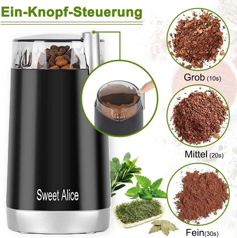 Sweet Alice Coffee Grinder Electric Quiet Coffee Bean Blade Grinders Stainless Steel for Spice Herbs Nuts Cereals Grain Mills