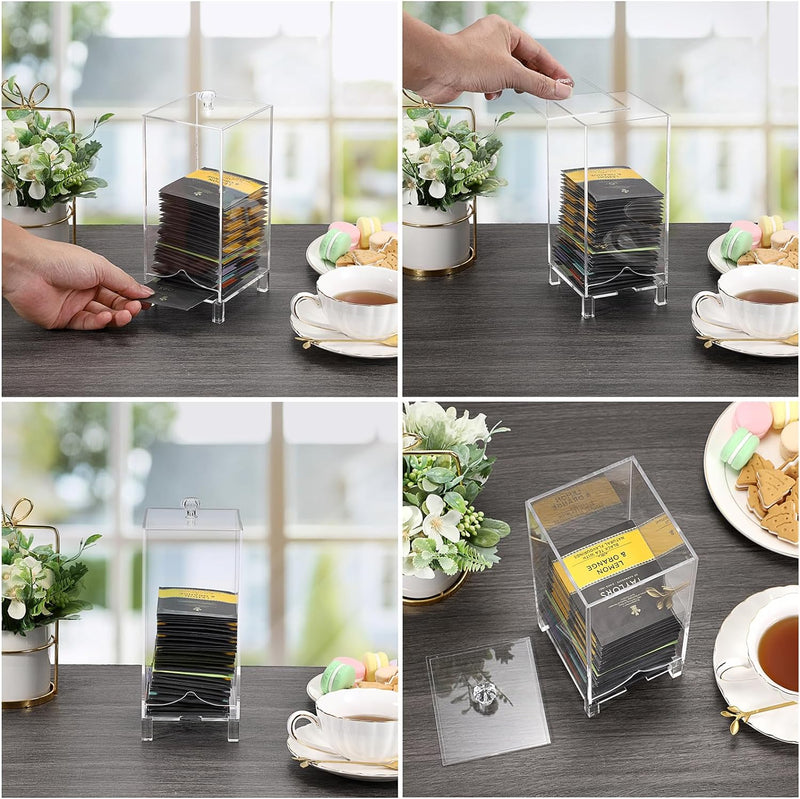 ELLDOO Tea Bag Caddy, Clear Acrylic Tea Bag Storage Organizer with Lid, Tea Bag Holder and Dispenser, Tea Accessories - Great for Tea Bars Tea Gifts