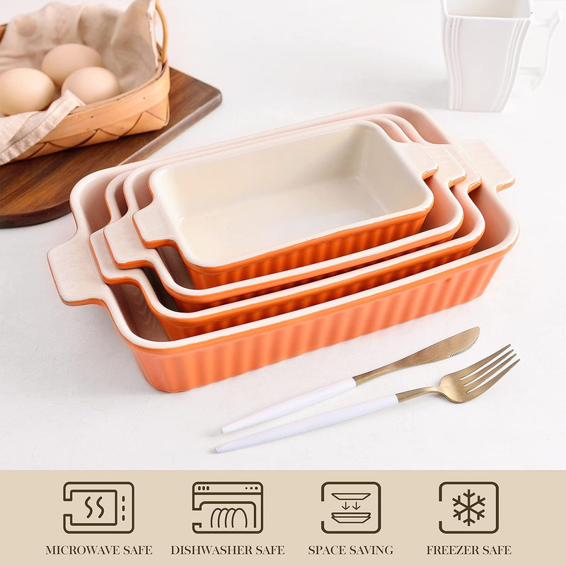 MALACASA Bakeware Set of 4, Porcelain Baking Pans Set for Oven, Casserole Dish, Ceramic Rectangular Baking Dish Lasagna Pans for Cooking Cake Kitchen, Orange(9.4"/11.1"/12.2"/14.7"), Series BAKE.BAKE