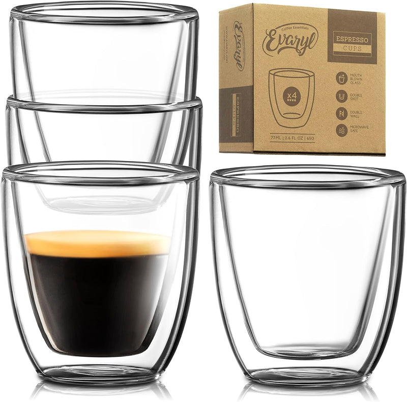 Glass Espresso Cups Set of 4 - Double Walled Espresso Cups 2.6 OZ - Wide Italian Style Clear Doppio Espresso Cup - Double Espresso Cups - Espresso Accessories Small Double Wall Expresso Coffee Cup