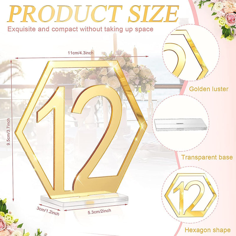 Table Numbers Wedding Acrylic Table Numbers Hexagon Wedding Numbers Hollow Out Reception Stands Seat Numbers with Holder Base for Wedding Party Event Catering Decoration (Gold)
