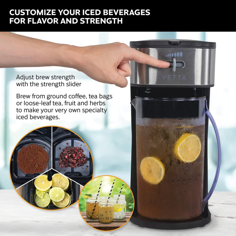 VETTA 2.5 Qt. Iced Tea Maker with Adjustable Strength Selector for Tea and Iced Coffee Brewing, Works with Loose Leaf, Bagged Tea or Coffee Grounds, Removeable Brew Basket, Reusable Filter, Black (1)