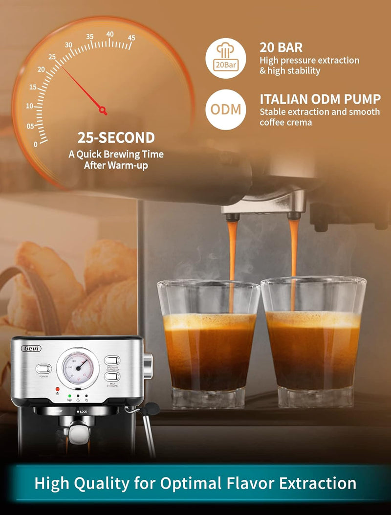 Gevi Espresso Coffee Machine,Espresso Machine with Steamer, Compact Semi Espresso Maker with Milk Frother for Home, Stainless Steel Cappuccino Machine for Cappuccino, Latte, 1100W