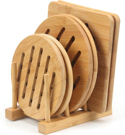 Bamboo Trivet Kitchen Natural Bamboo Trivet Mat Set Heat Resistant Pads Bamboo Hot Pads Trivet Non-Slip Pads Square and Round for Hot Dishes/Pot/Bowl/Teapot/Pans(2Small Round+2 Round+2Square+1Rack)