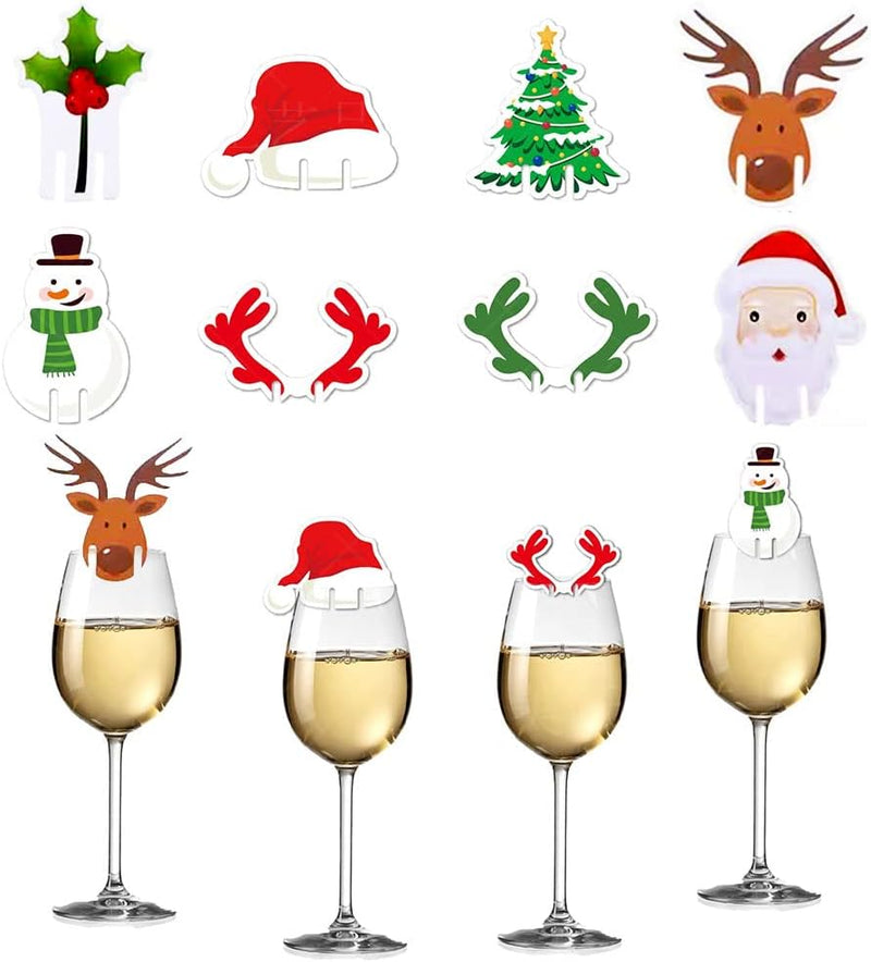 80pcs Christmas Wine Glass Charms Markers Wine Cup Card Decoration Santa Claus Moose etc Design for Christmas Wood Drink Glass Identifiers Holiday Bar Party Decorations Accessorie