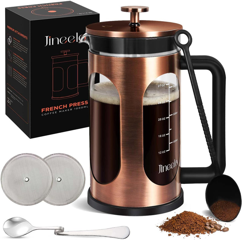 Jineelo French Press Coffee Maker 34 Ounce, Copper Stainless Steel Coffee Press Heat Resistant Borosilicate Glass, Cold Brew Coffee Maker & Tea Press Kit For Camping, Travel & Gifts.