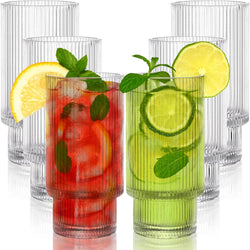 DEAYOU 6 Pack Ribbed Drinking Glass, 10 OZ Vintage Highball Glass Cup, Stackable Clear Glassware, Crystal Thick Collins Tumbler with Heavy Base for Cocktail, Water, Hot or Cold Drink, Origami Style