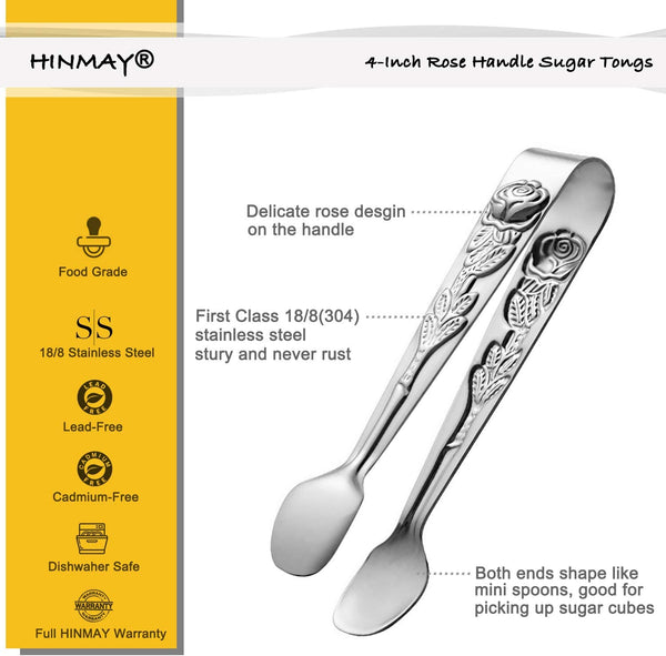 HINMAY 6PCS Mini Serving Tongs 4-Inch Small Rose Sugar Cube Tongs (Silver)