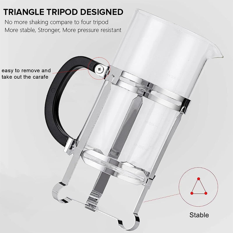 French Press Coffee Maker (34 oz) with 4 Filters - 304 Durable Stainless Steel,Heat Resistant Borosilicate Glass Coffee Press,BPA Free,Silver（include 1 cleaning brush,1spoon and 2 spare filter screen）