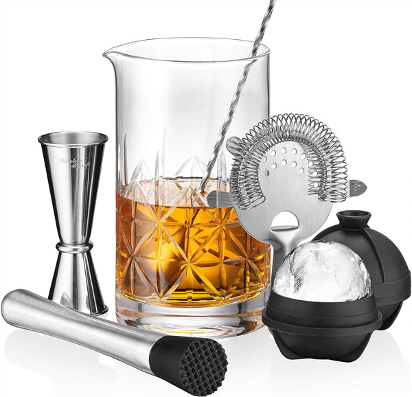 Mixology & Craft Cocktail Set - 7-Piece Bartender Kit with Mixing Glass Set, Japanese Jigger, Spoon, Muddler, and Strainer - Perfect for Old Fashioned Cocktails and Home Bars