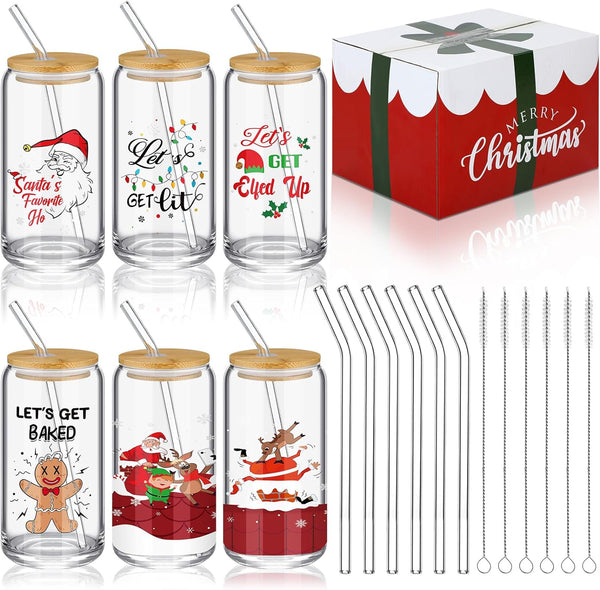 Umigy 6 Pcs Christmas Cups Drinking Glasses with Bamboo Lids and Glass Straws Xmas Gifts 16 oz Can Shaped Glass Ice Coffee Cups Mason Jars for Beverages Cocktail (Funny)