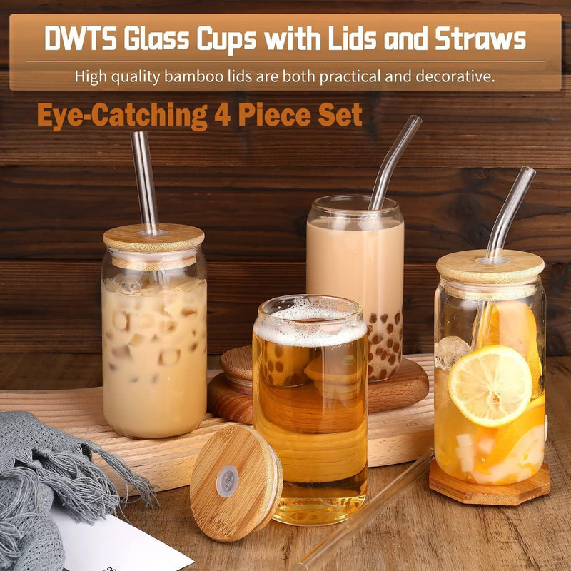 Glass Cups 16oz,Glass Cups with Lids and Straws 4pcs-DWTS Coffee cups,Drinking glasses set,Glass tumbler with straw and lid gift 2 Cleaning Brushes