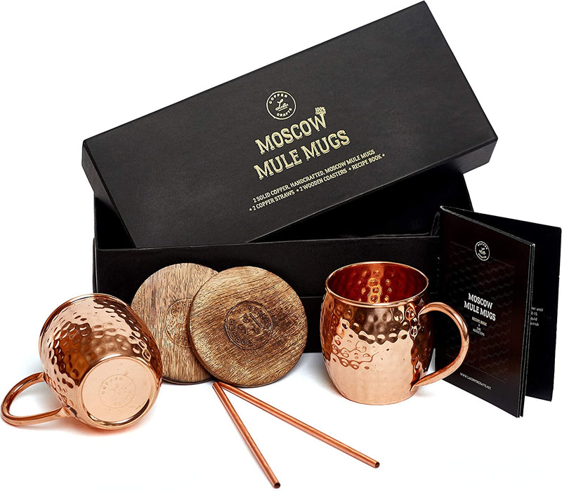 Moscow Mule Copper Mugs Set - 2 Authentic Handcrafted Copper Mugs (16 oz.), 2 Straws, 2 Solid Wood Coasters and Recipe Book - Gift Box Included