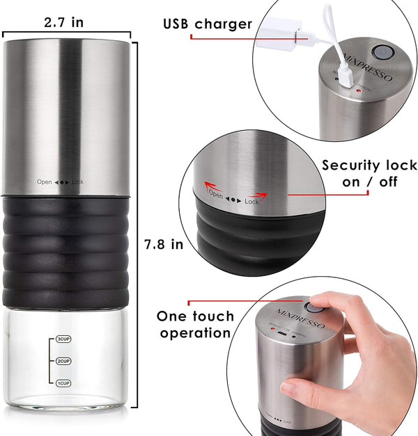 Mixpresso Electric Coffee Grinder With Usb And With Easy On/Off Button, Coffee Bean Grinder & Spice Grinder For Herbs, Nuts & Grains, Spice Mill.