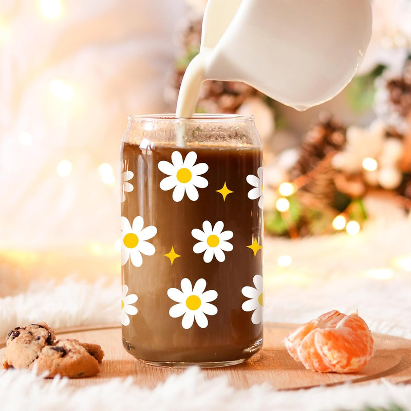 GSPY Daisy Iced Coffee Cup, 16oz Glass Cups with Lids and Straws, Daisy Gifts for Women - Flower Mug Aesthetic Glass Tumbler, Cute Mugs for Women - Christmas Gifts for Coffee Lovers