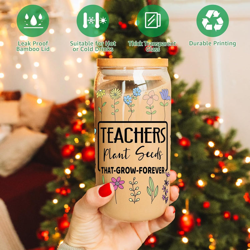 Coolife Teacher Cup, 16 oz Drinking Glass Cups w/Bamboo Lids Straws - Best Teacher Christmas, Birthday Gifts, Teacher Appreciation Gifts for Women, Glass Tumbler Teachers Cups for Iced Coffee