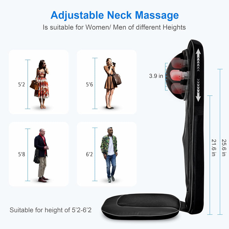 CooCoCo Shiatsu Neck & Back Massager with Heat - Kneading Massage Chair Pad for Full Body Pain Relief, Chair Massager with Height Adjustment, Gifts for Elder, Man or Woman