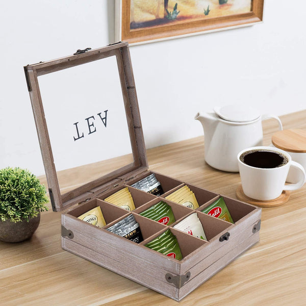 handrong Wooden Tea Box Organizer Wood Tea Storage Box Chest Rustic Tea Bag Holder Rack Storage Container Tea Caddy for Coffee Tea Sugar Sweeteners Creamers Drink Pods Packets (Gray)